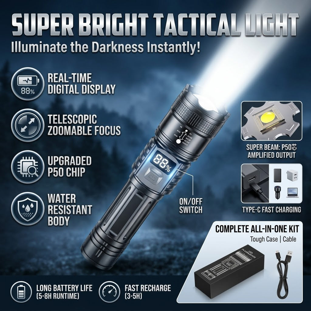 🔥 60% OFF  🔦 Military-Grade Tactical Flashlight | 🔋 Smart LED Display & 🎯 x2000 Zoom